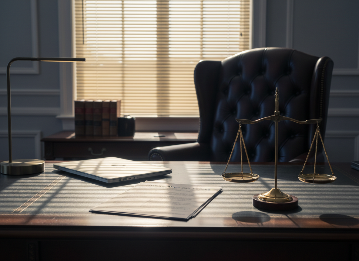 An elegant, dark wooden desk in a private law office, with a high-backed, unoccupied leather chair turned slightly toward a large window, hinting at the presence of a dedicated inheritance attorney without showing a person. On the desk lie neatly arranged inheritance tax forms, a closed laptop, a simple desk lamp, and a heavy metallic scale ornament symbolizing fairness. Sunset light streams through horizontal blinds, creating warm golden stripes across the desk and papers, contrasted by the cooler ambient room light. Photographic realism with a slightly elevated angle and medium depth of field, keeping all key objects in focus. The mood is confident, meticulous, and reassuring, ideal for conveying expert handling of inheritance tax declarations and family disputes from start to finish.