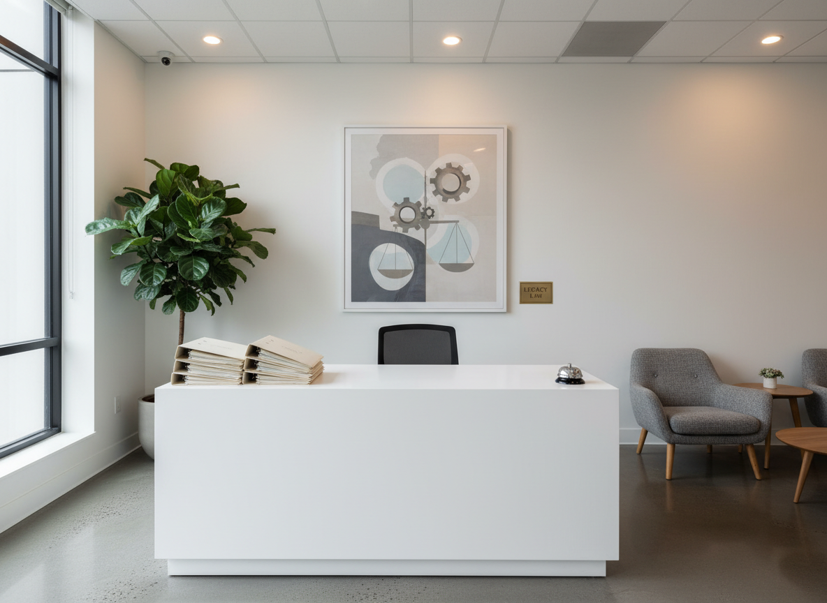 A serene, well-lit modern office reception area designed for an inheritance law firm, featuring a minimalist white reception desk with a subtle matte finish, a neatly stacked pile of anonymous case folders, and a simple metal desk bell. A large potted plant with deep green leaves softens the space, while a framed abstract artwork in neutral tones hangs on the wall, hinting at stability and balance. Diffused overcast daylight pours in from a side window, complementing discreet recessed ceiling lights, casting soft, even illumination. Photographic realism, eye-level composition, wide-angle lens capturing the entire space with sharp focus. The atmosphere feels accessible, professional, and welcoming, expressing that complex inheritance tax and estate disputes can be handled in one place without any human figures present.